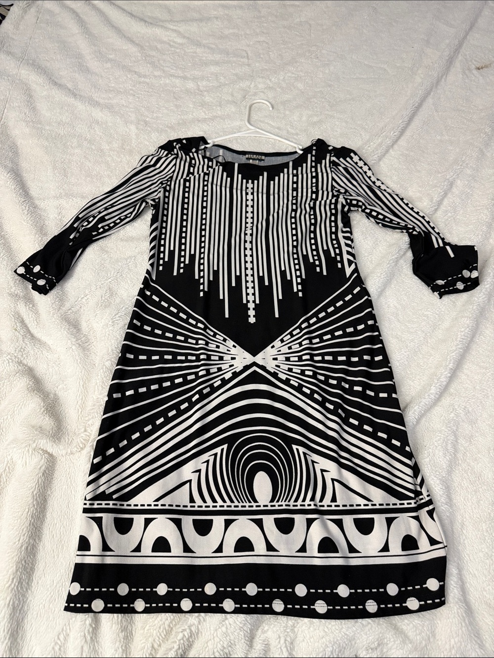 Haani Black and White Long Sleeve Geometric Midi Dress